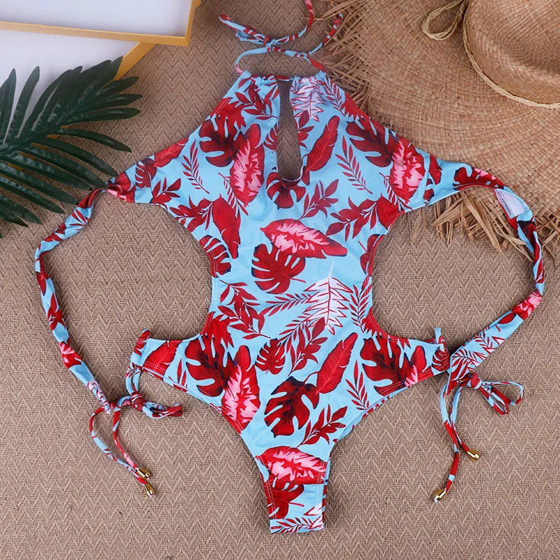 

Green leaf print Cut Out One-Piece Swimsuit Women Sexy Backless String Adjust Monokini 2020 Girls Beach Bathing Suit Swimwear xl