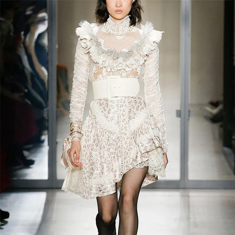Autumn Runway Designer Two Piece Set Women Long Sleeve Lace Blouse+ Irregular Printed Skirt Set