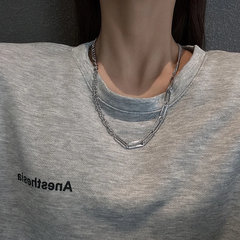 

Fashion Paperclip Geometric Necklace for Women Silver Color Stainless Steel Choker Necklaces Sweater Chain Jewelry Gift