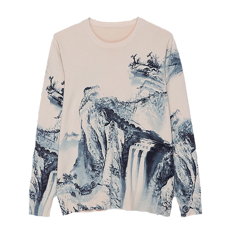 2020 new round neck Pullover loose Korean print women's sweater fashion ink landscape painting | Женская одежда