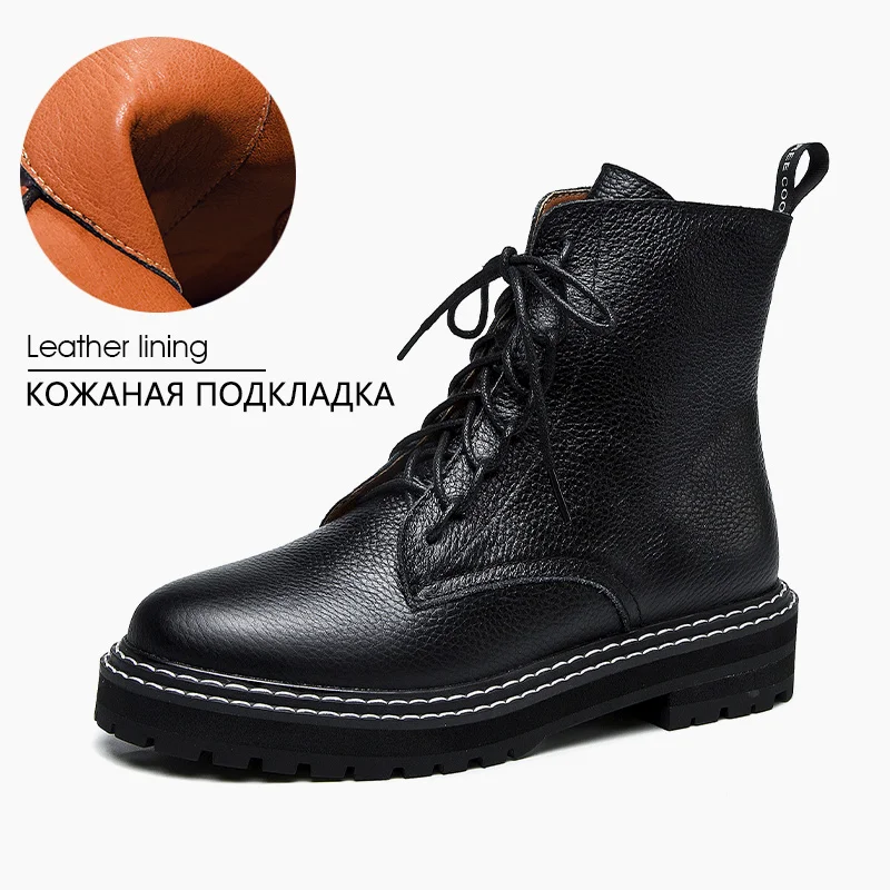 

Donna-in Genuine Leather Women Autumn Black Boots Women Lace-up Platform Ankle Boots Thick Bottom Martin Boots Ladies Shoes