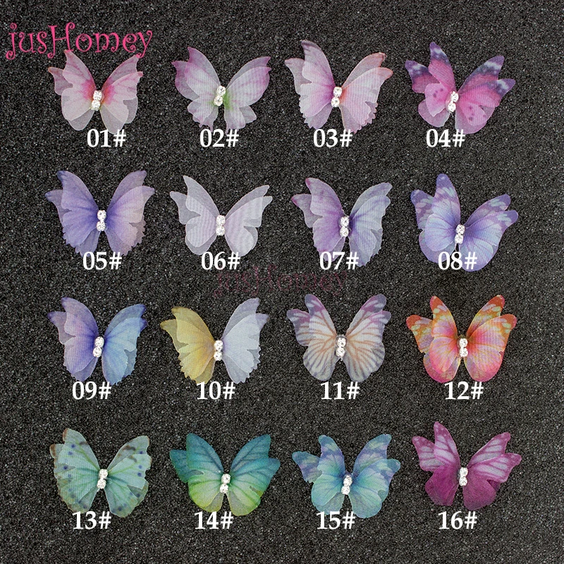 Mariposas de Organza irregulares de doble capa con diamantes de imitaci&oacute;n, accesorio de mariposa hecho a mano para boda, fabricaci&oacute;n de joyas DIY, 3cm, 100 Uds.-3