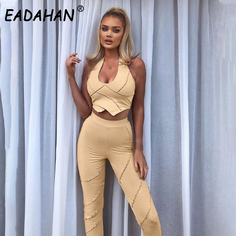 

EADAHAN women's new casual solid color sleeveless halter vest slim trousers fashion sports yoga suit two-piece set