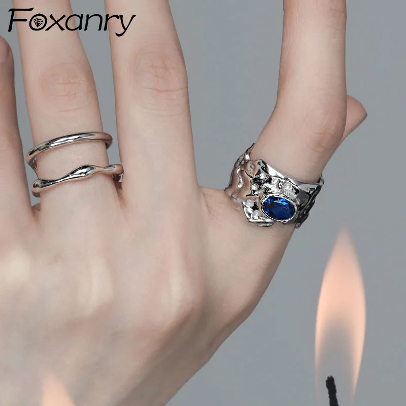 

FOXANRY Silver Color Wide Rings for Women Trendy Elegant Vintage Creative Sparkling Blue Zircon Party Jewelry Wholesale