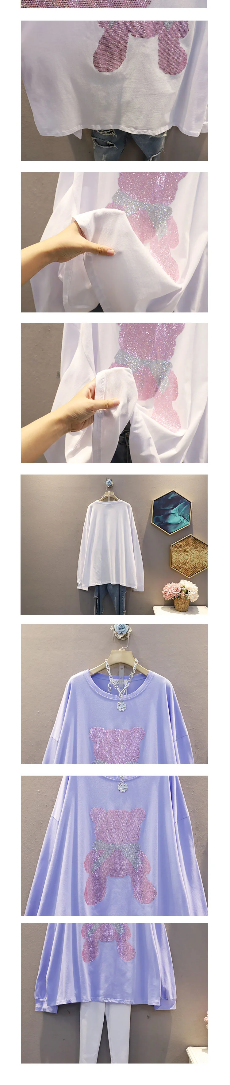 

Vefadisa Purple White Diamonds Bear Women T-shirt 2021 Autumn Cartoon Print Female T-shirt Oversize Long Sleeve T-shirt QYF5926