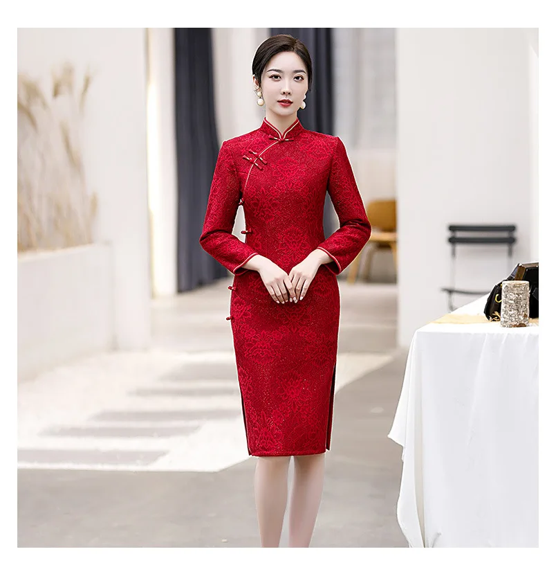 

Китайское платье средней длины для невесты, элегантное женское прямое платье Ципао с длинным рукавом и кружевной цветочной юбкой, M-4XL
