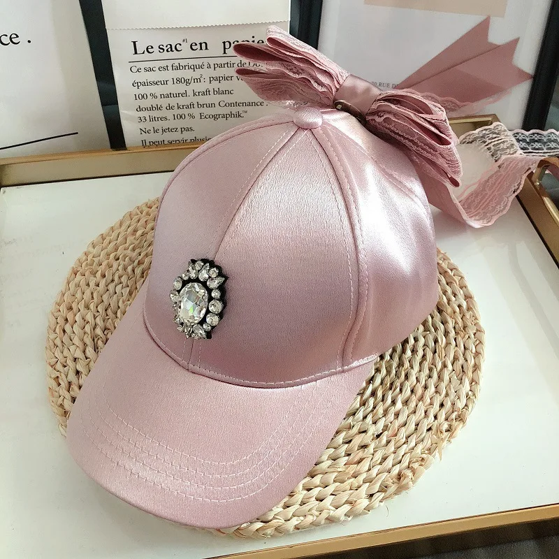 

Snapback Big Lace Bowknot Net Dimond Baseball Cap Female Pink Mesh Hat with Bow Summer Women's Caps Adult Visor Women Sun Hats