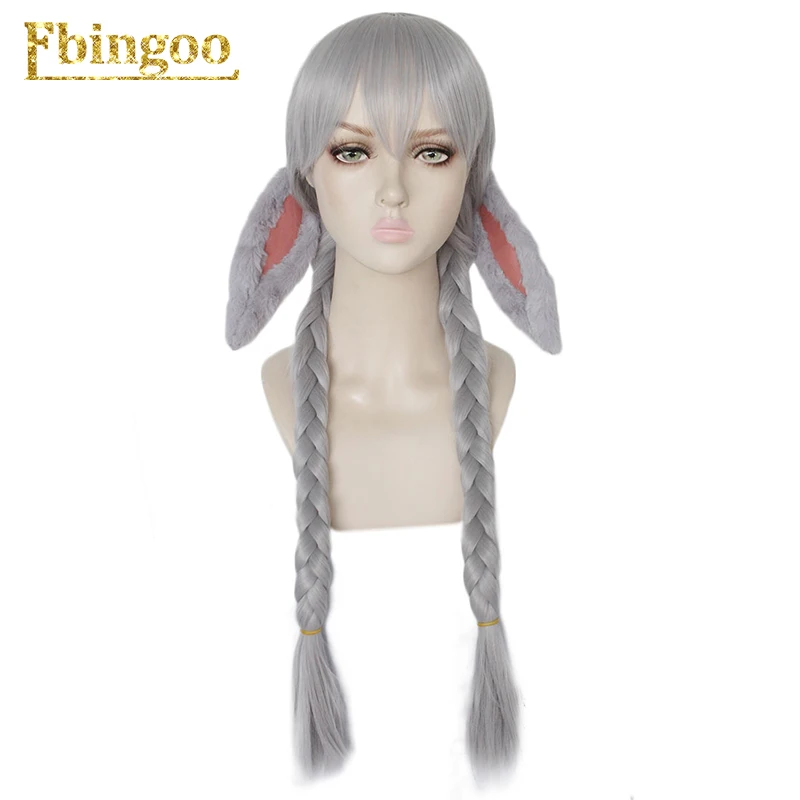 Ebingoo кроличьи ушки+ серебристо-Серые Длинные Двойные косы Джуди Банни синтетический парик для косплея вечерние наушники кролика реквизит