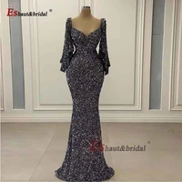 dubai arabic sequined evening night dresses for women 2021 mermaid v neck flared sleeves long formal prom wedding party gowns