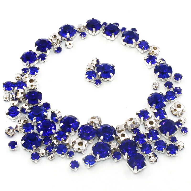 

Hot sale strass 100pcs/pack Mixed size Royal blue glass crystal sliver base sew on rhinestones diy clothing accessories
