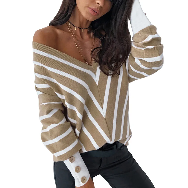 

Autumn and winter new ladies strapless striped V-neck bottoming sweater sweater