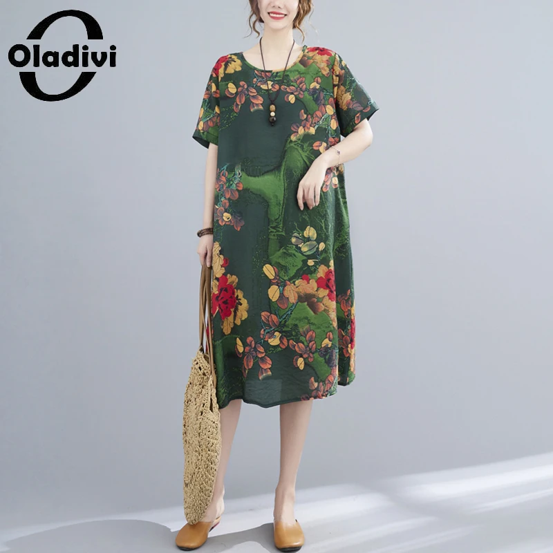 

Oladivi Oversized Women's Casual Loose Cotton Linen Dress 2021 Summer New Midi Dresses Vintage Ladies Tunics Robe Vestidios 9761