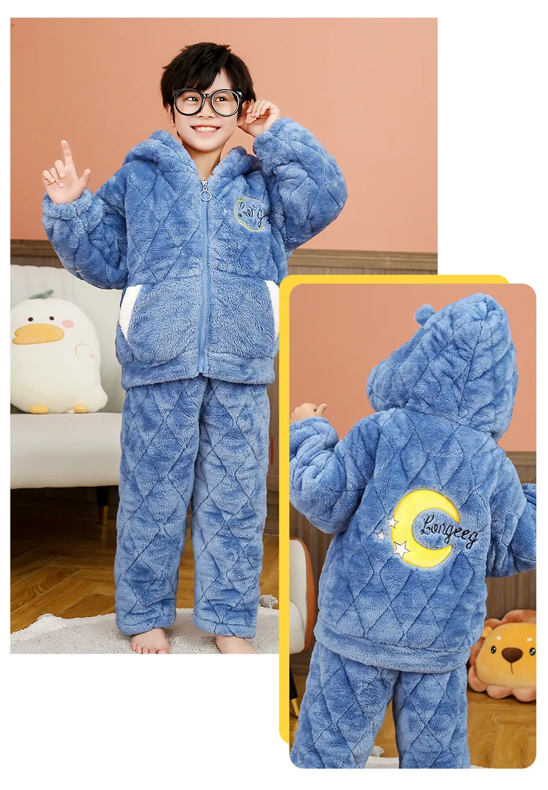 Pijamas Kawaii gruesos de felpa para padres e hijos, ropa de franela de manga larga para mantener el calor, bonitos dibujos animados, para el hogar y la familia, Invierno-4