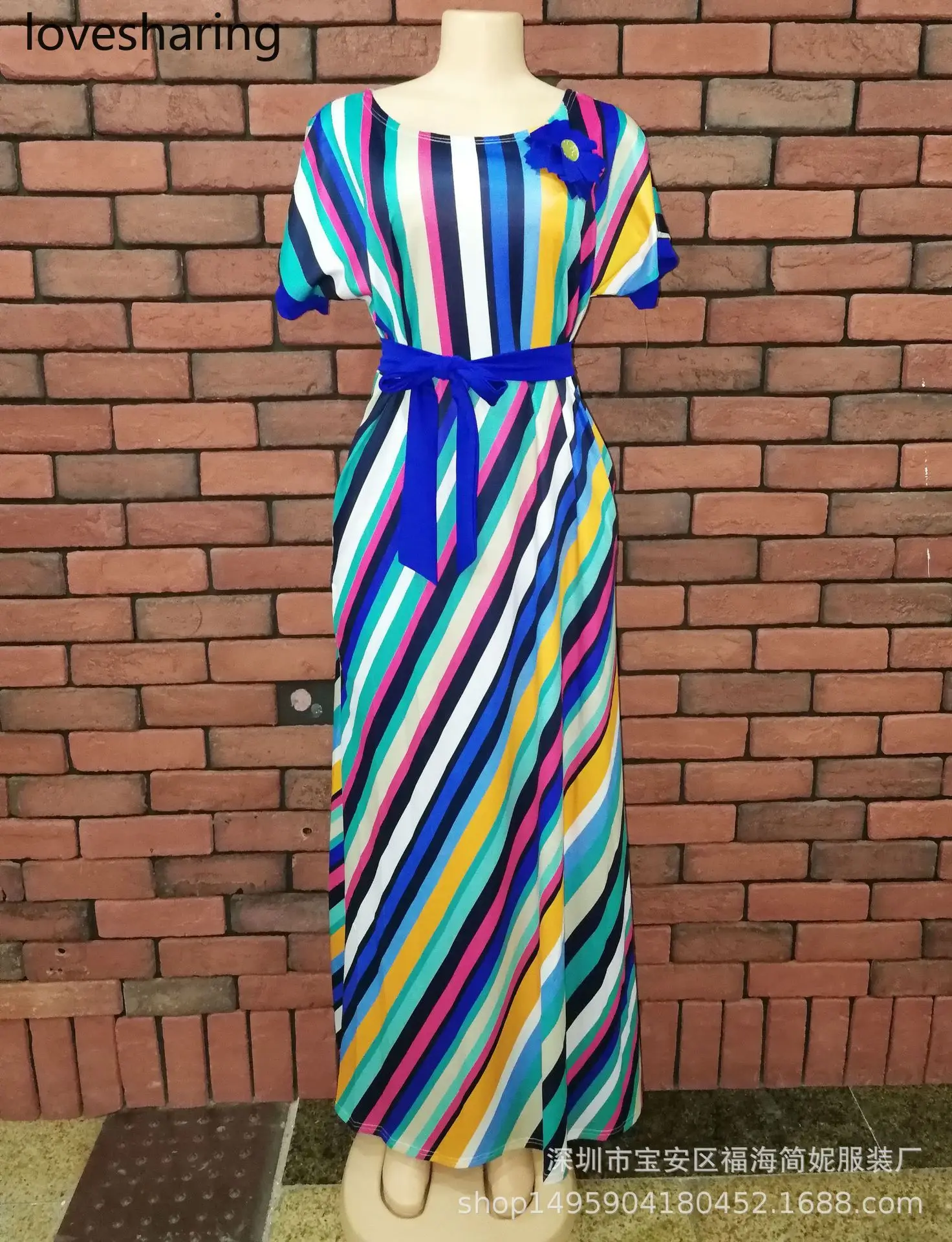 Женское Полосатое платье с коротким рукавом и поясом|Женские платья| |