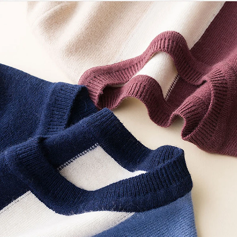 Трикотажные женские пуловеры из смешанной шерсти лоскутные с круглым вырезом и