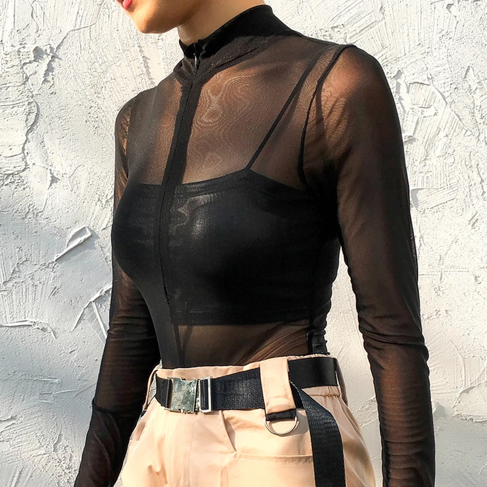 Сексуальный прозрачный сетчатый женский комбинезон на молнии с длинным рукавом