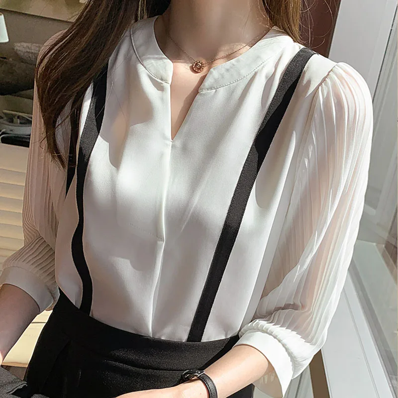 

Модные шифоновые рубашки с V-образным вырезом, Женские топы и блузы 2021, повседневные рубашки, блуза, женская одежда, бесплатная доставка, одежда для женщин 1245