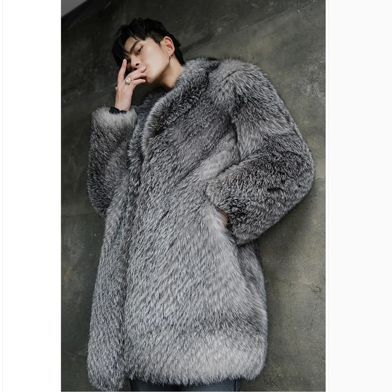 Мужское пальто из искусственного меха лисы средней длины овечьей шерсти теплая
