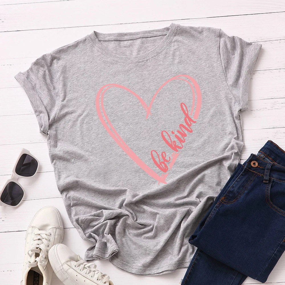 

2020 Women Be Kind Heart Printed T-shirt Summer Loose Cotton Tshirt Casual Pink Graphic Tee Ladies Casual Oversized Tops Shirts