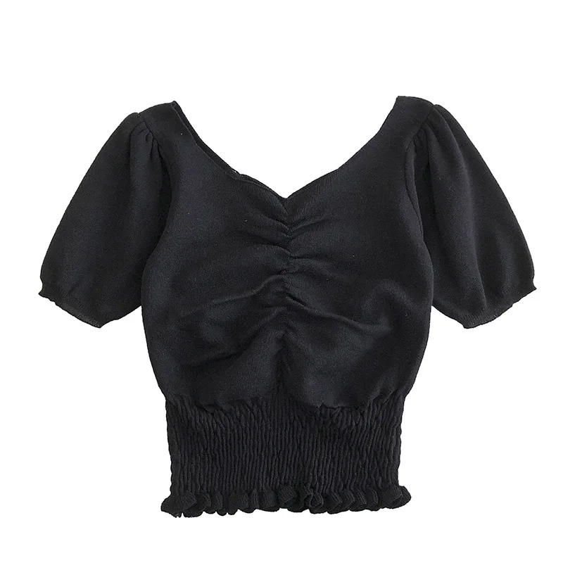 

Hong Kong Style Retro V-neck Pleated Puff Sleeve Sweater Summer New 2020 Korean Style Elastic and Waisted Short Top