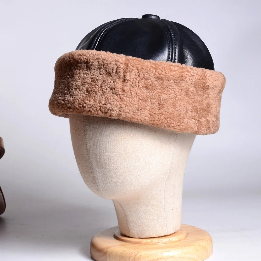 Men's Women's  Real Leather Real Fur  Winter Warm Thick lining Skullcap Beanies Beret Round Hat Brimless Caps/Hats