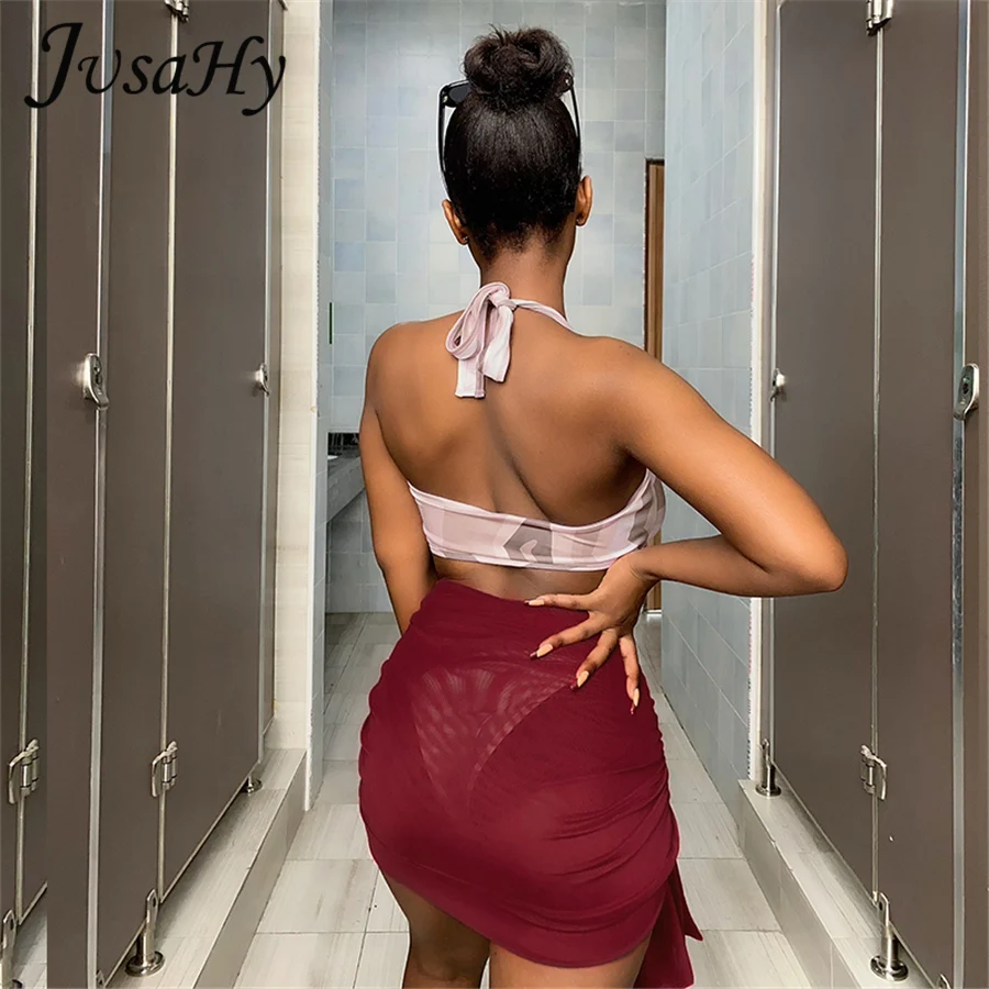 

JuSaHy Beach Style Women's Two Pieces Sets Print Halter Buckle Hollow Out Bodysuit and Lace Skirts Matching Holiday Clothing