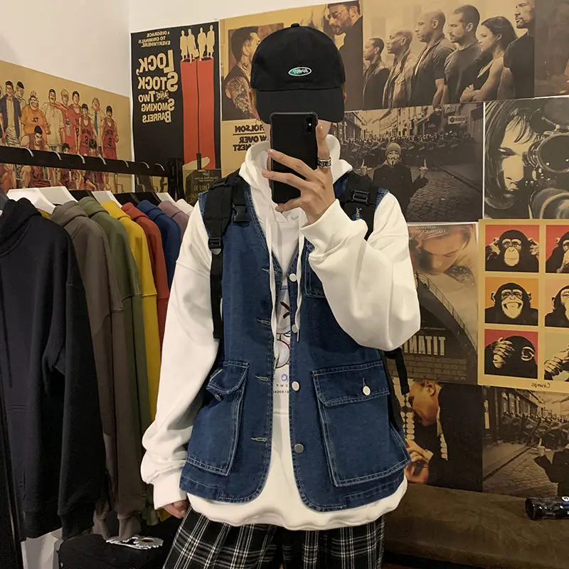 

Autumn Denim Vest Men's Fashion Solid Color Retro Casual Denim Vest Men Streetwear Loose Hip-hop Sleeveless Denim Jacket Mens