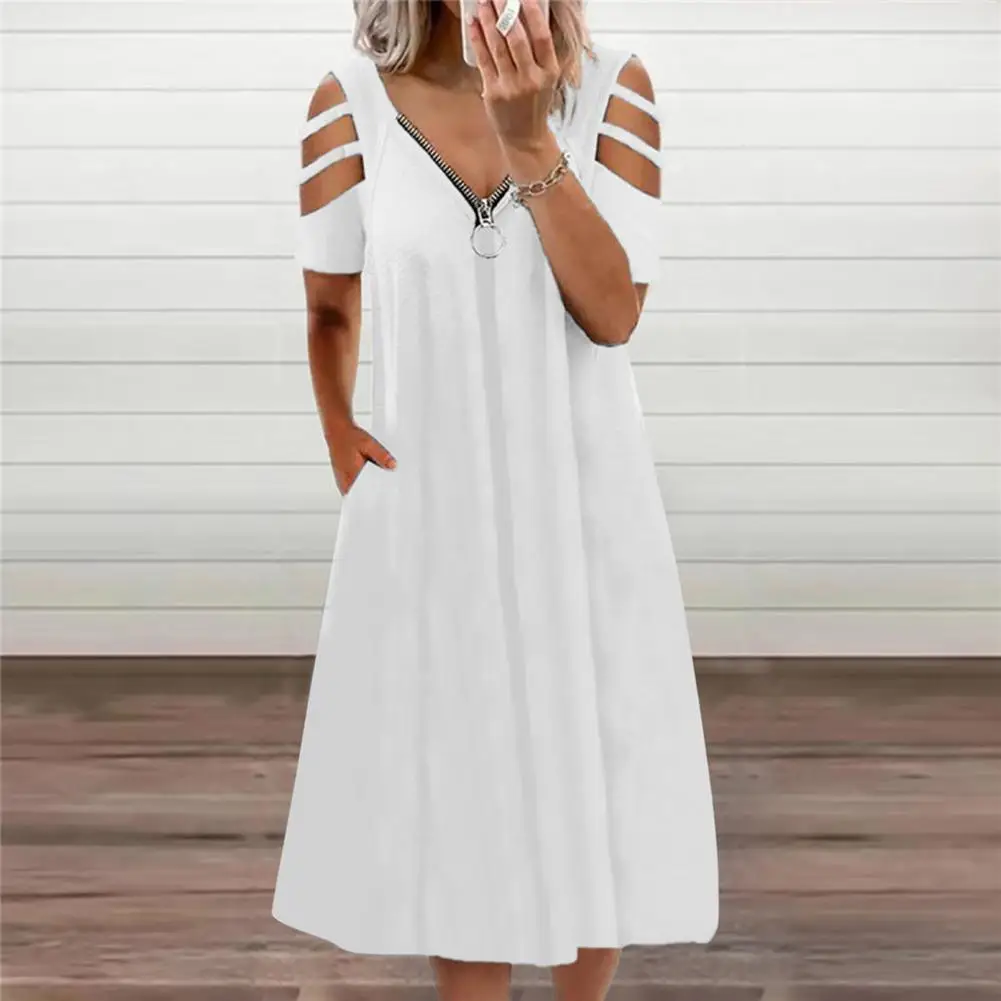 

Women Casual Comfy Zipper V Neck Elegant Mid Dress Summer Loose Hollow Out Short Sleeve Solid Color Pocket Dress Plus Size