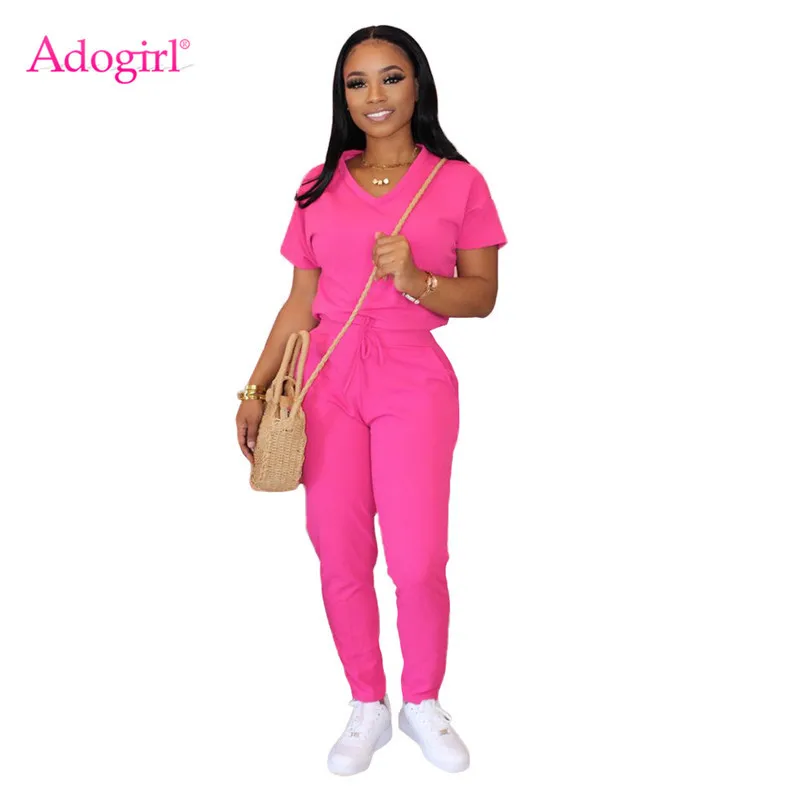 

Adogirl Solid Women Casual Two Piece Set V Neck Short Sleeve T Shirt Top Pockets Pants Female Tracksuit Home Daily Clothes Suit