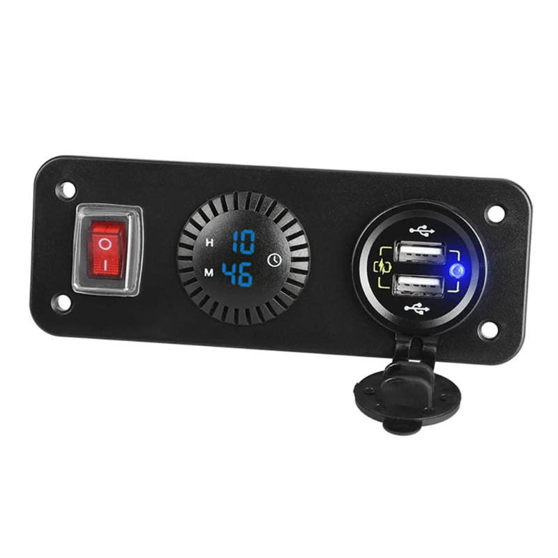 

12V 24V Car QC 3.0 Dual USB Fast Charger LED Clock with Power Cable ON-Off Switch Panel for Car Boat Marine RV SUV