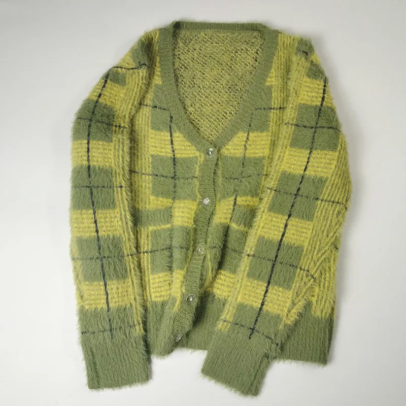 Vintage Synthetic Mink Cashmere Sweater Women Harajuku Lazy Style Ladies V-Neck Button Up Cropped Fuzzy Plaid Cardigan Knitted |