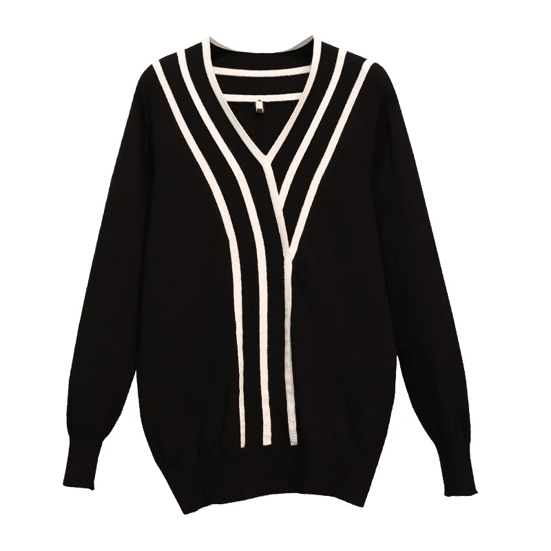 Женский свитер в полоску с длинным рукавом и v-образным вырезом | Женская одежда