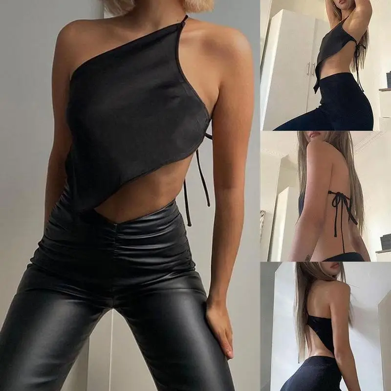 

Sexy Lace Backless One Shoulder Crop Top women Irregular Summer corset Sleeveless Camisole top Halterneck Slim female Vest O5S6