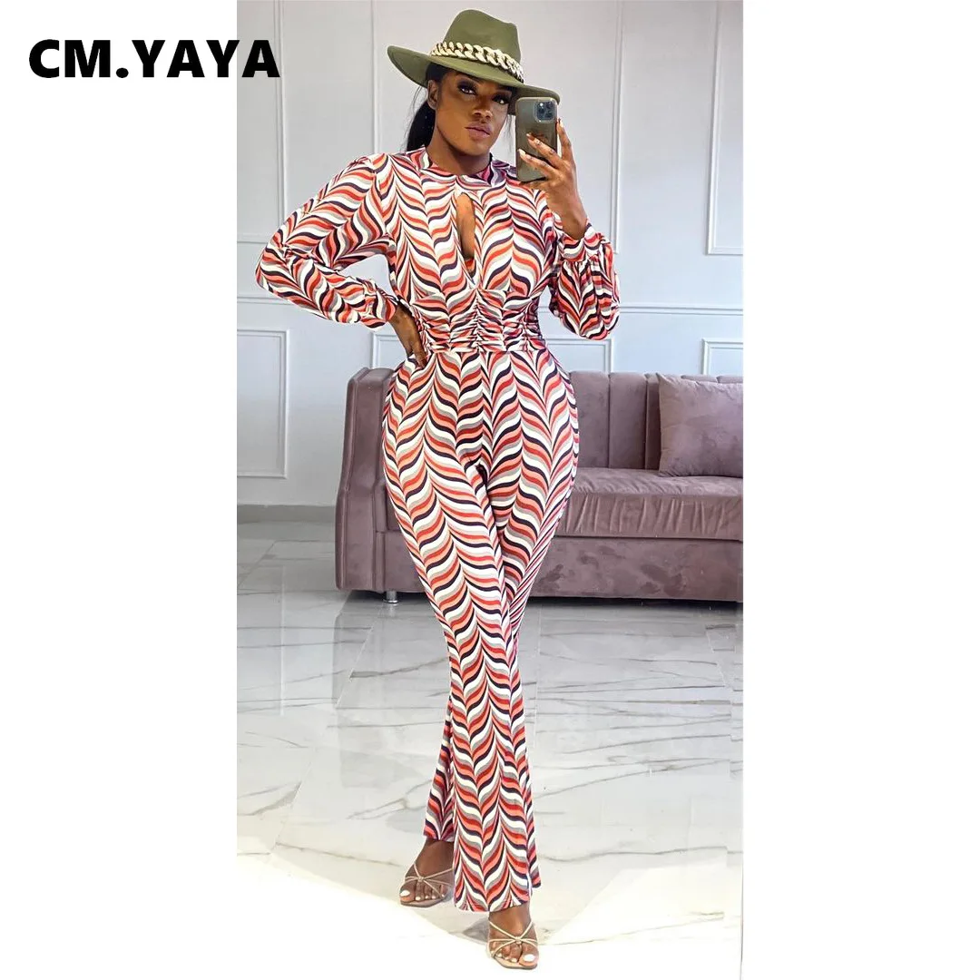Женский комбинезон CM.YAYA с вырезами спереди в полоску широкими штанинами высокой