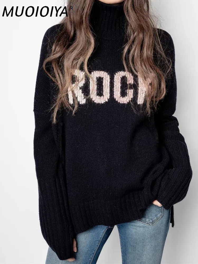 

Women Letters Turtneleck Knitted Sweater 2021 Autumn Winter Ladies Long Sleeve Jumper Knitwear Female Pullover Tops