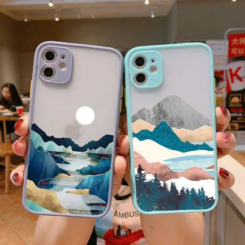 

Hand Painted Scenery Phone Case For iPhone 13 12 11 Mini Pro XR XS Max 7 8 Plus X Matte transparent Gray Back Cover