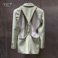 vgh green patchwork diamond blazer for women notched long sleeve backless hollow out casual straight blazers female 2021 fashion