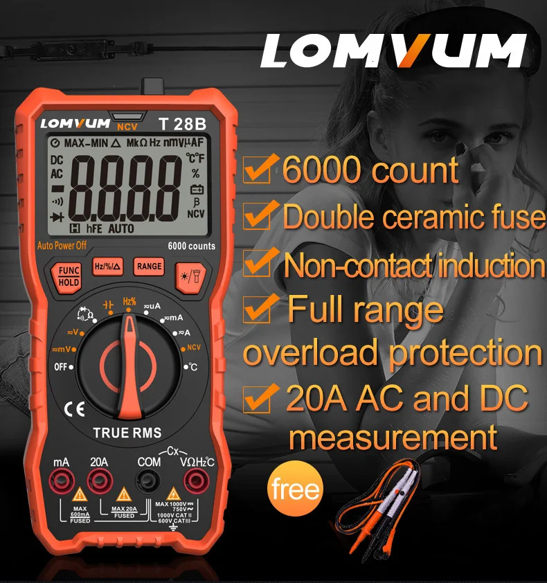 LOMVUM TRMS Digital Multimeter True RMS Auto/Manual Range 6000 Count Multimeter Tester 2 Probes Voltage DC/AC Analog Bar Backlit