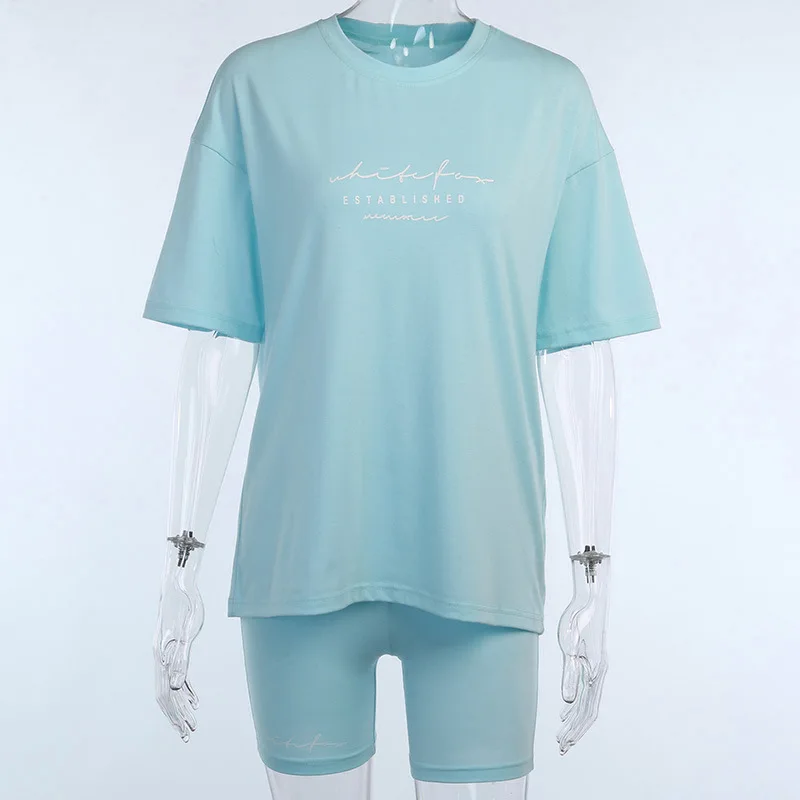 

Summer Fashion Solid Women 2 Piece Set O Neck Short Sleeve Letters Print Loose T Shirt Biker Shorts Two Piece Sets Outfits 2020
