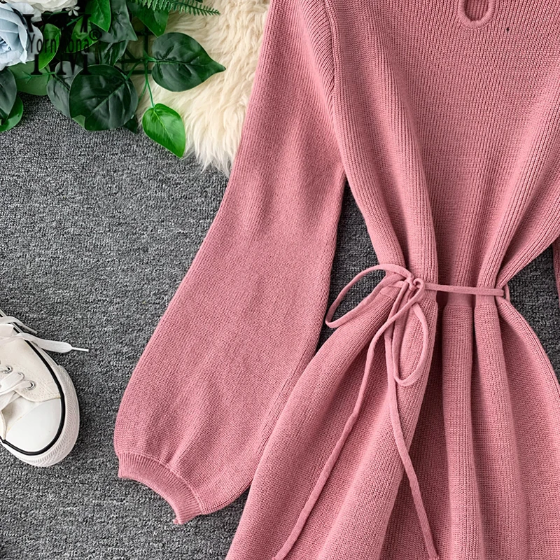 Женское Трикотажное вечернее платье YornMona розовое облегающее винтажное свитер