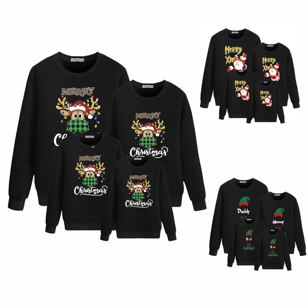 

Christmas Family Sweatshirt Mother Kids Christmas Mask Creative Elk Print Cartoon Warm No Fleece Parent-child T-shirt Top Cloth