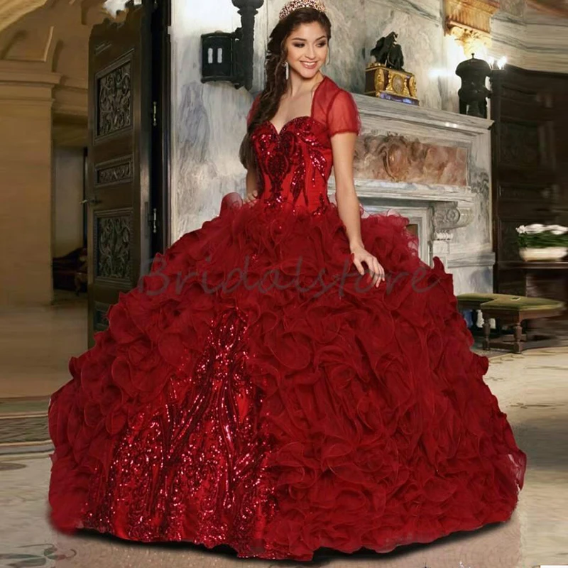 

vestidos de quinceañera Burgundy Quinceanera Dress with Bolero Sequins Ruffles Skirt Vestidos 15 anos Prom Dress