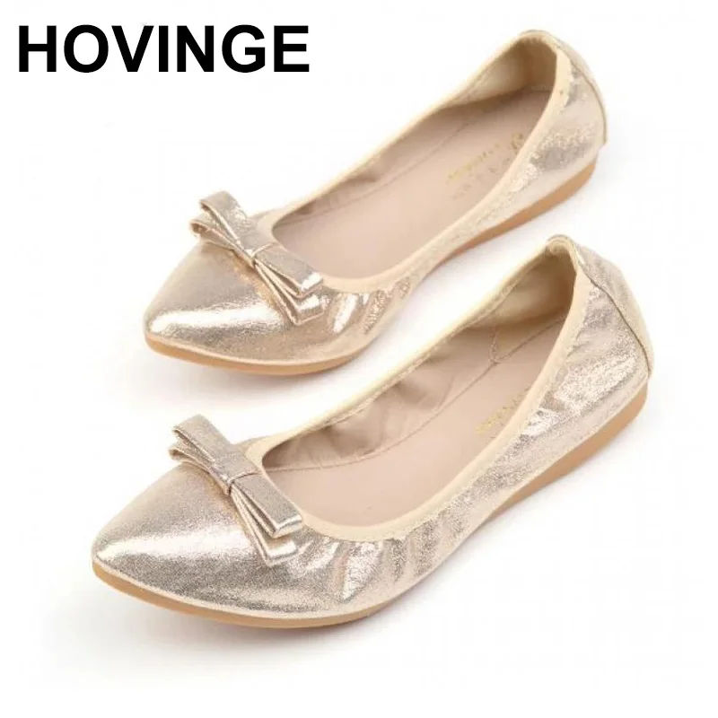 

HOVINGE Plus Size 34~43 Gold Silver Ballet Flats Women Ballerina Shoes Black Womans Comfortable Loafers Shoes Breathable Bow