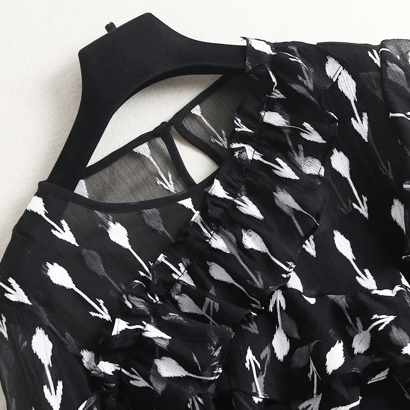 

Elegant Flare Sleeve Ruffles Print Chiffon Dress Spring Designers Woman Clothes Fashion Midi Bohemian Beach Vestidos 2021 New