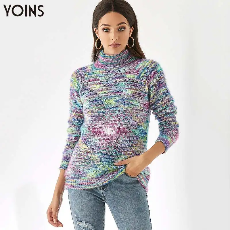 Женский свитер YOINS разноцветный вязаный с высоким воротом и длинными рукавами