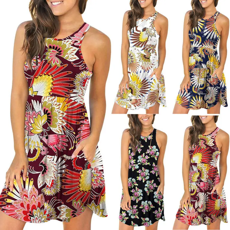 

New Print Floral Tank Dress Womens Sleeveless Boho Mini Dress Pocket Summer 2021 Halter Fashion Ladies Sexy Holiday Sundress