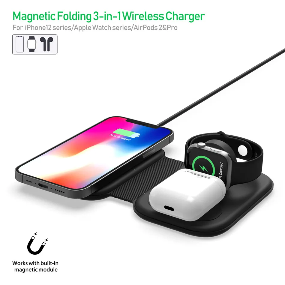 

Folding Three In One Wireless Charger Mobile Watch Headset Magnetic Wireless Charging 15W Fast Charging For Iphone Xiaomi Huawei