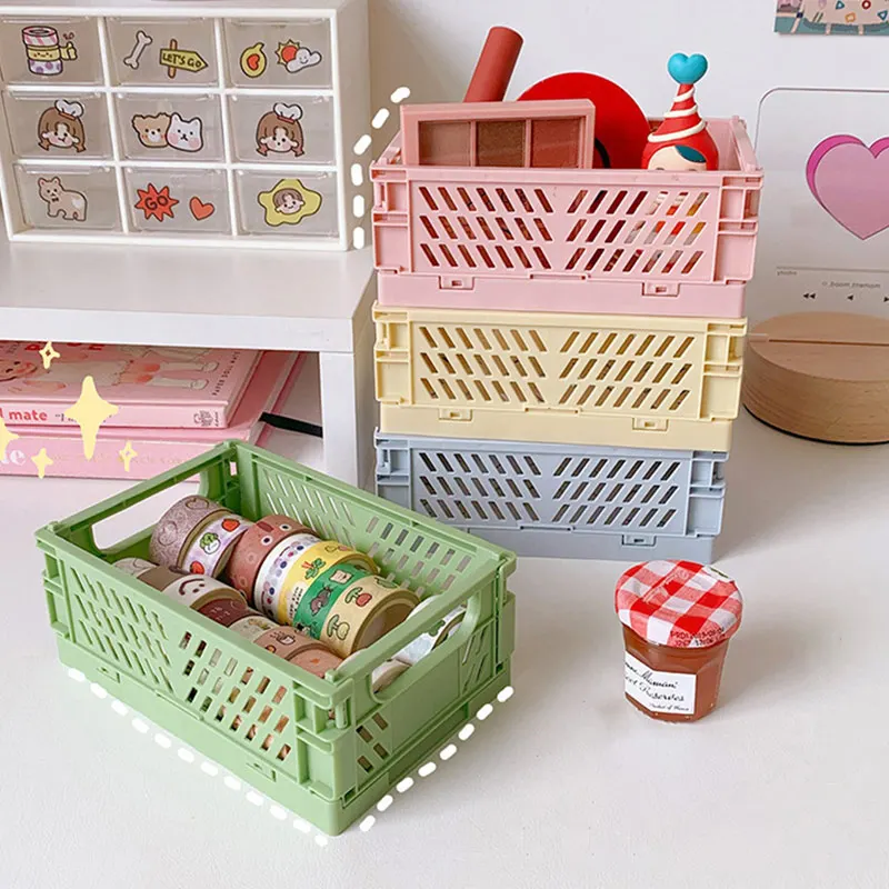 

Folding Storage Box Student Desktop Plastic Organizing Container Handbook Tape Stationery Skin Cares Small Storage Basket