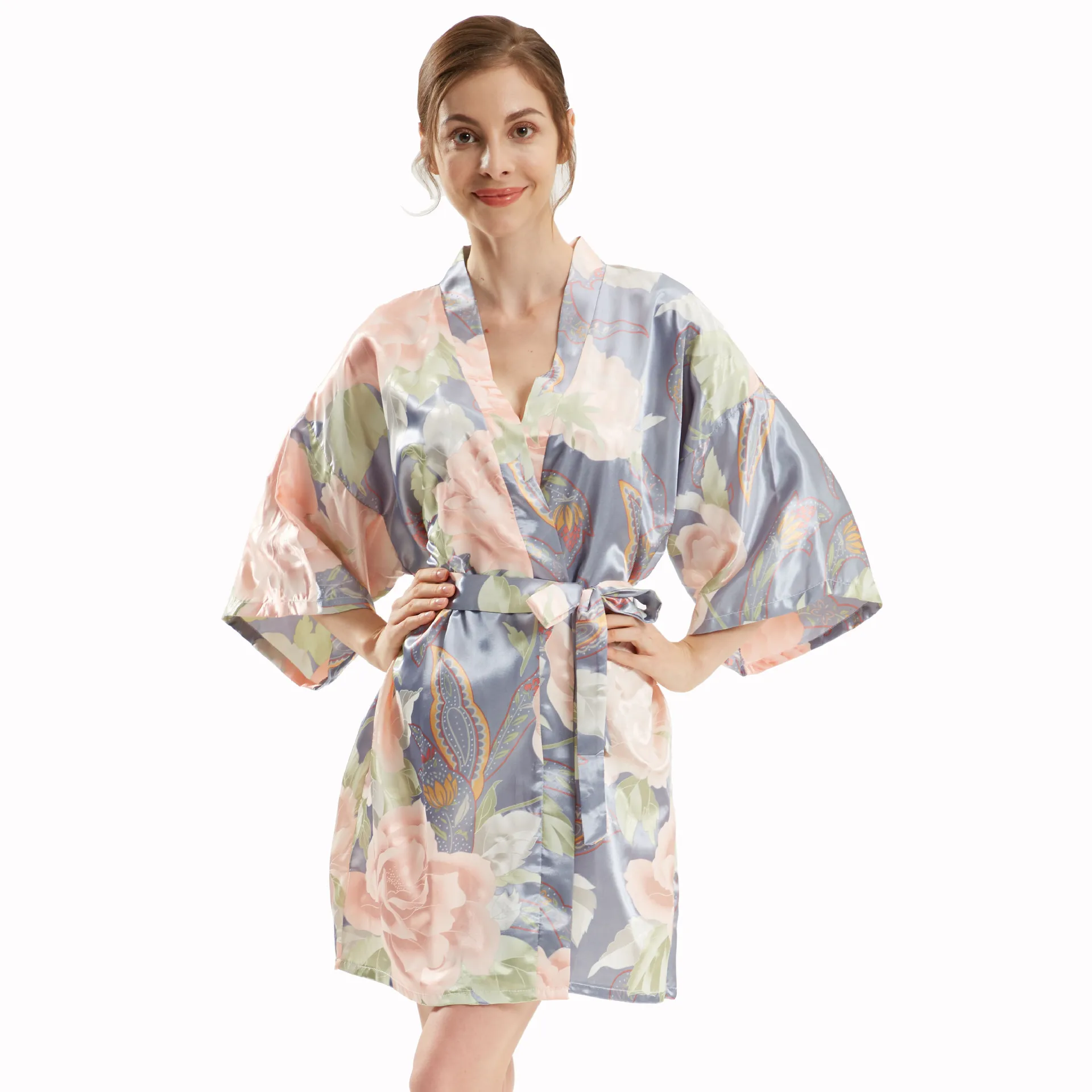 

BALDAUREN New Imitation Big Peony Flower Silk Wedding Dressing Gown Five-Point Sleeve Bridesmaid Bridal Kimono Cardigan