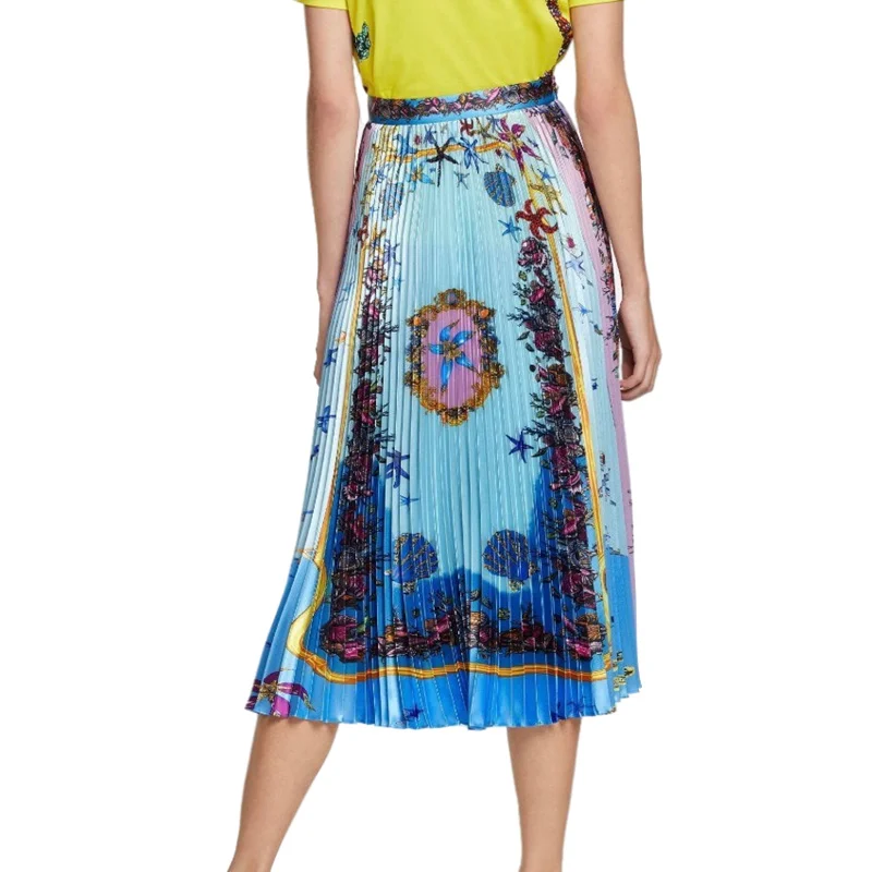 

2022 Summer Women's Skirt New Fashion Elegant Office Ladies High Waist Slim Abstract Vintage Printed A-line Pleated Female